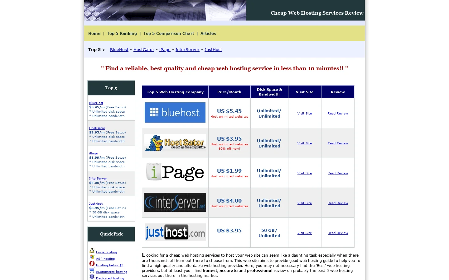 Home - Cheap Web Hosting: Best web hosting services review below $5! 首页截图