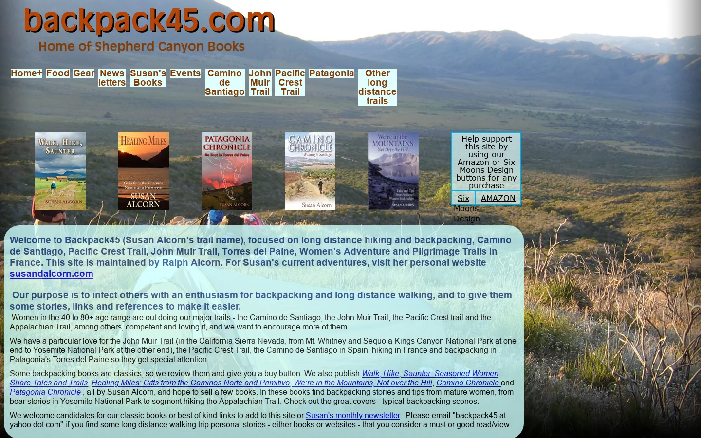 Susan Alcorn (aka backpack45): Trekking the John Muir Trail, Camino de Santiago, Pacific Crest Trail, Pilgrimage Routes in France, Torres del Paine,backpacking. Home of Shepherd Canyon Books 首页截图