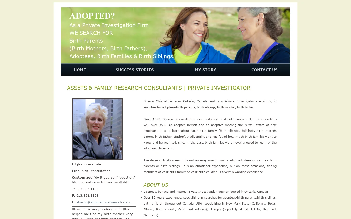 Assets & Family Research Consultants, Ontario. Private Investigator specializing in searches for adoptees/birth parents 首页截图