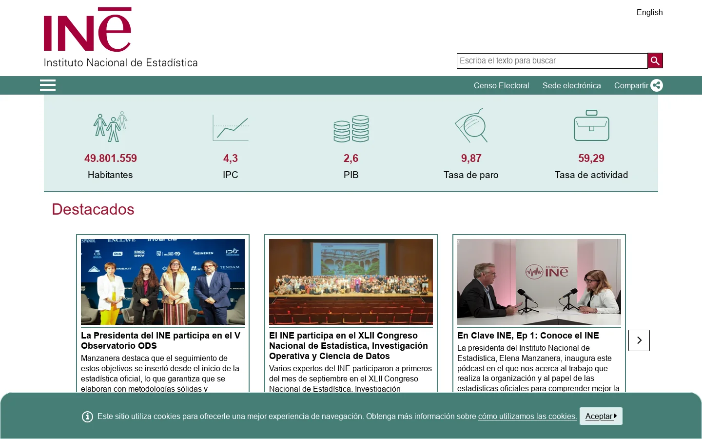 INE. Instituto Nacional de Estadística 首页截图