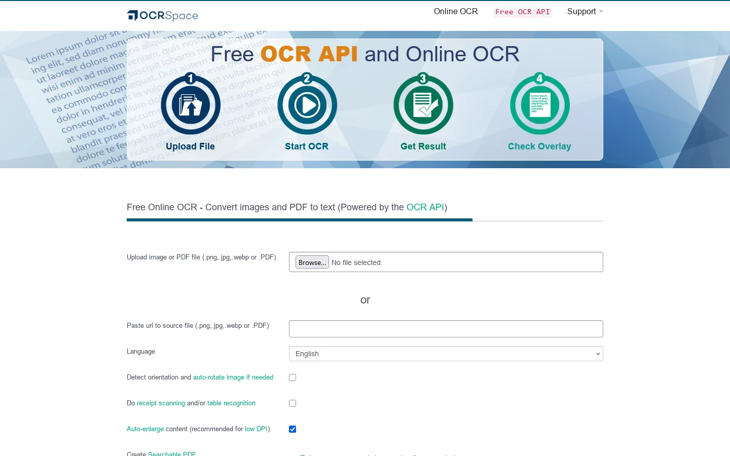 Free OCR API V2026, Online OCR, Searchable PDF Creator and OCR Software 首页截图