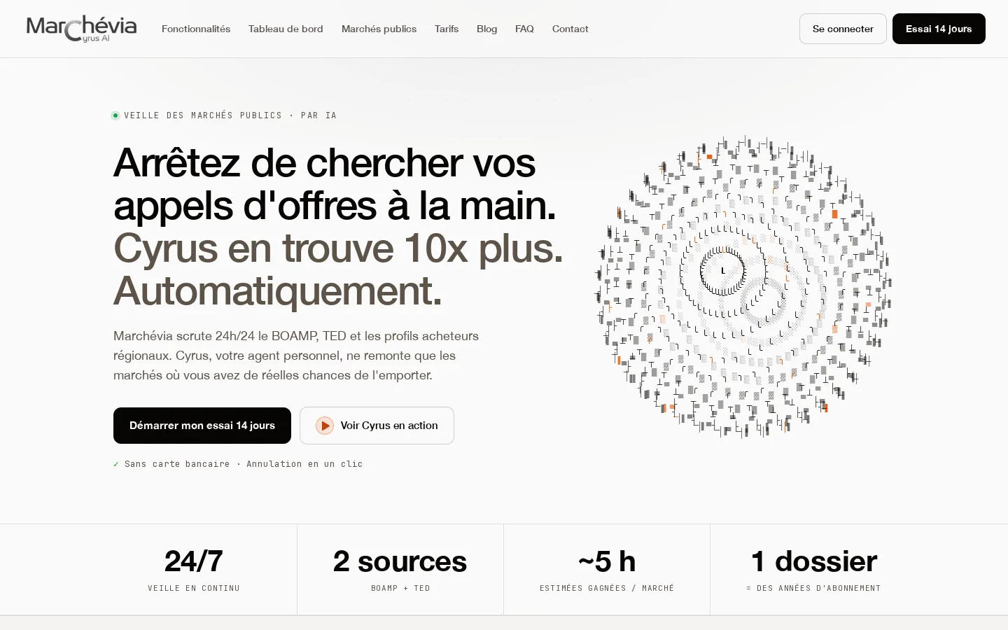 Marchévia — Veille IA des marchés publics français pour PME 首页截图