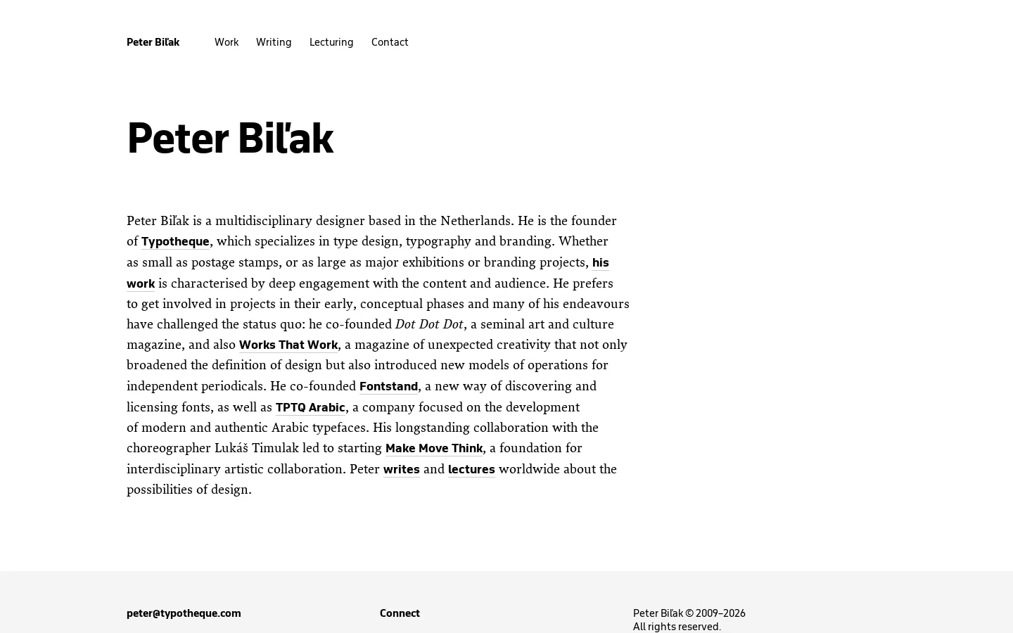 Peter Biľak - Design, Writing, Publishing 首页截图