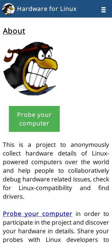 Linux Hardware Database Homepage screenshot