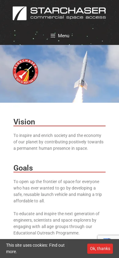 Starchaser Industries Commercial Space Access • The sky is not the limit! Homepage screenshot