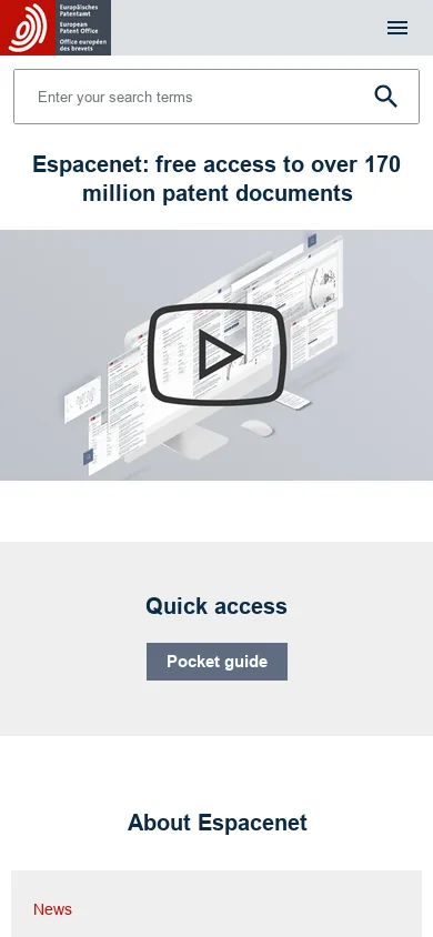 Espacenet – patent search Homepage screenshot