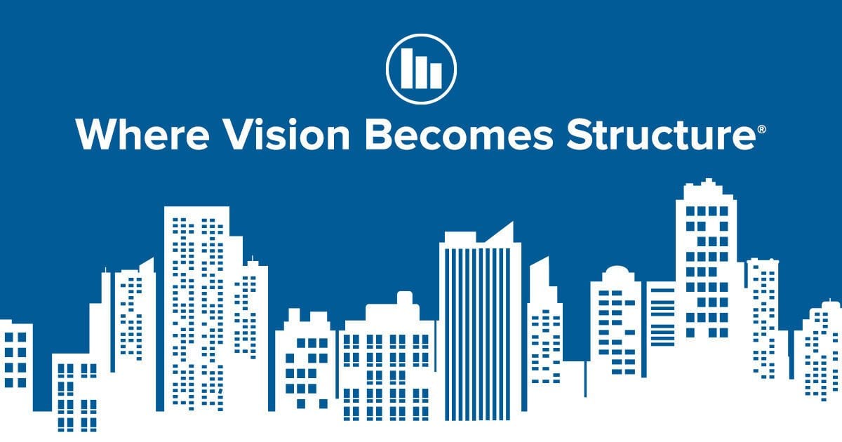 banner with city outline and text: where vision becomes structure