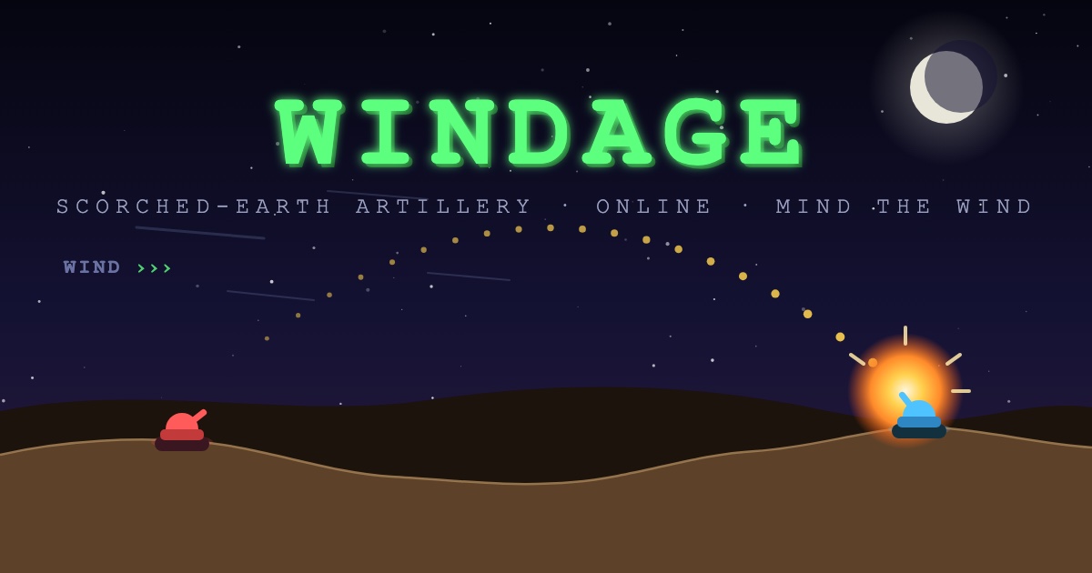 Windage — two artillery tanks duel across moonlit destructible terrain as a shell arcs through a starry sky.