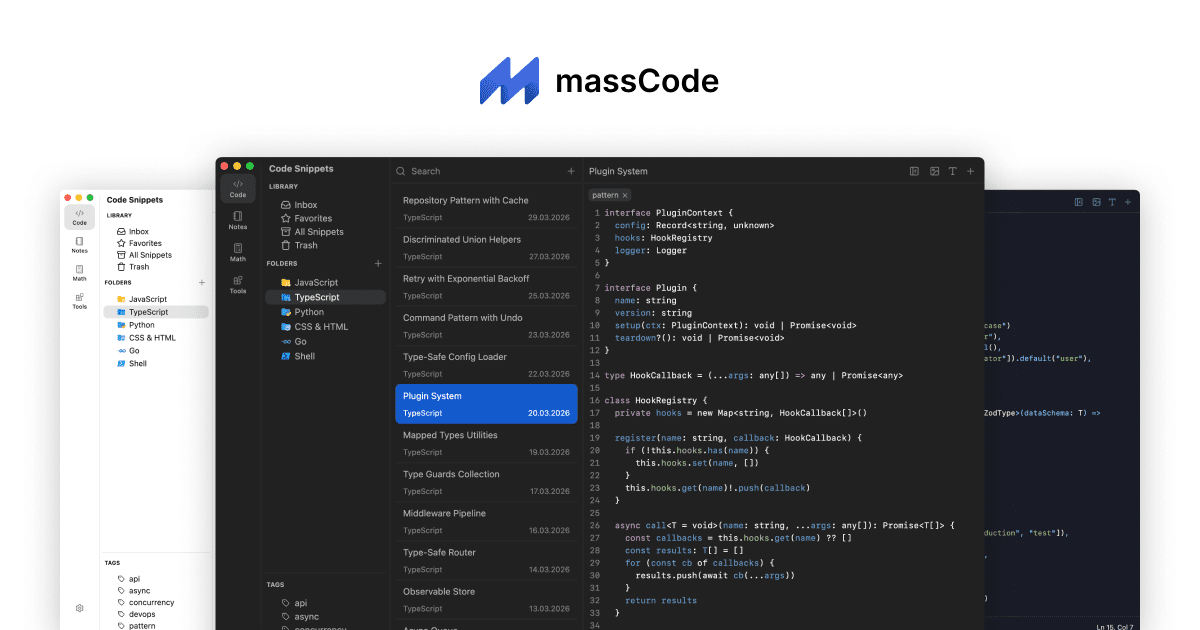 massCode code snippets workspace in light and dark themes