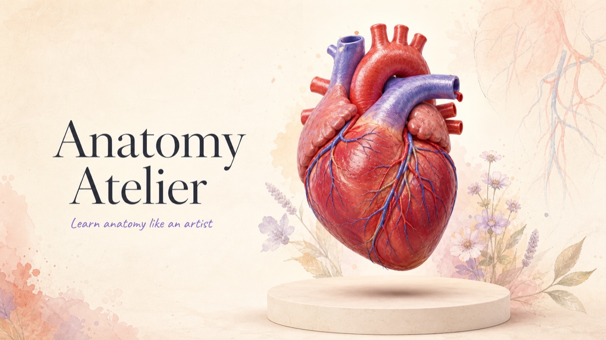 An anatomical heart specimen floating above a plinth, beside the Anatomy Atelier wordmark