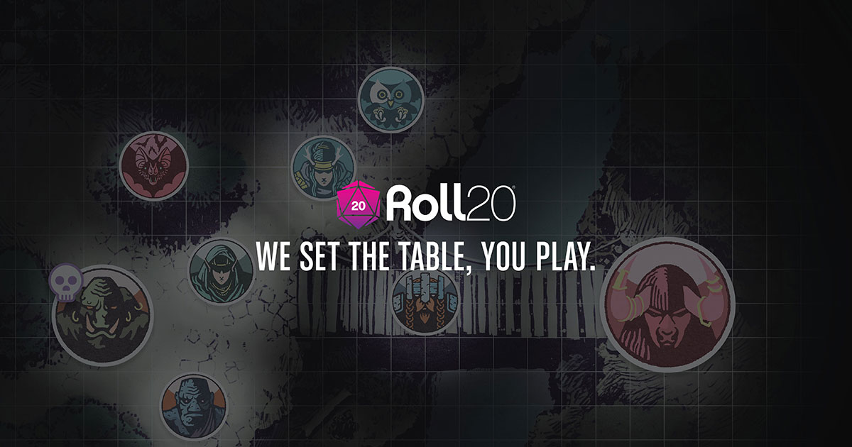 Roll20 logo, a pink and purple 20-sided die with the number twenty featured on its face. The die sits on top of the name "Roll20" in black font.