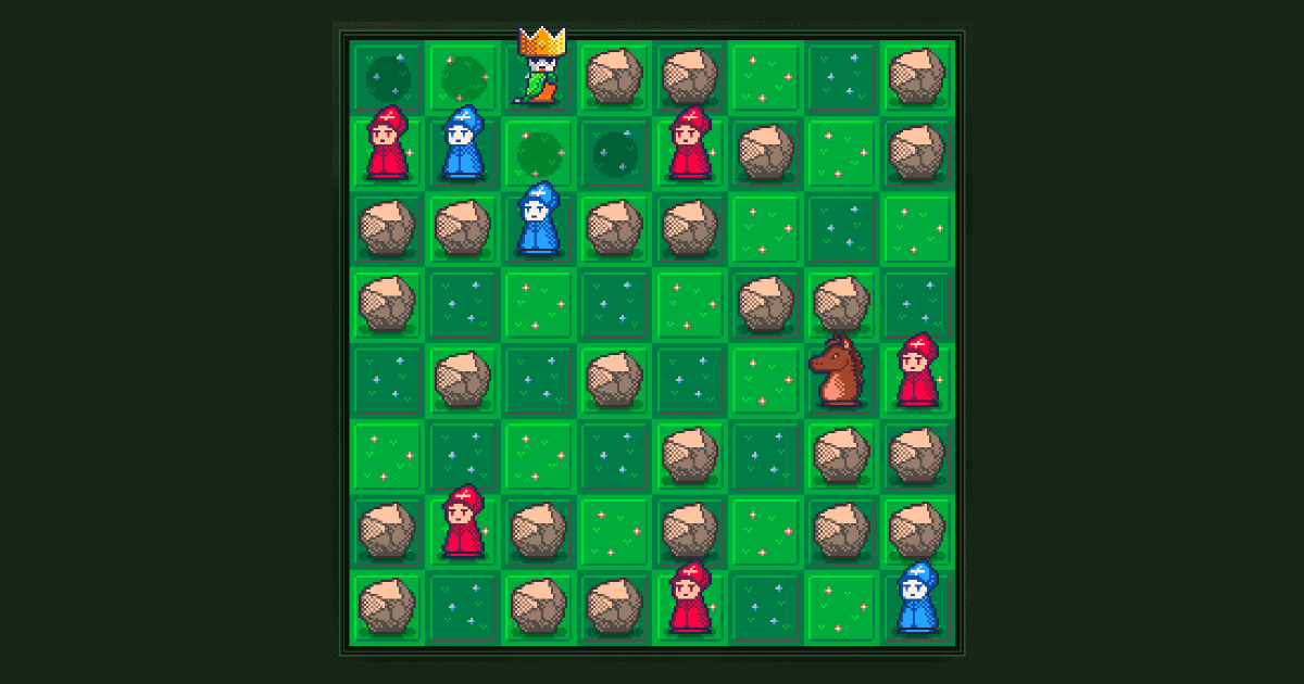 The Prince Chazz game board: a chess-piece-strewn grid in a pixel-art forest.