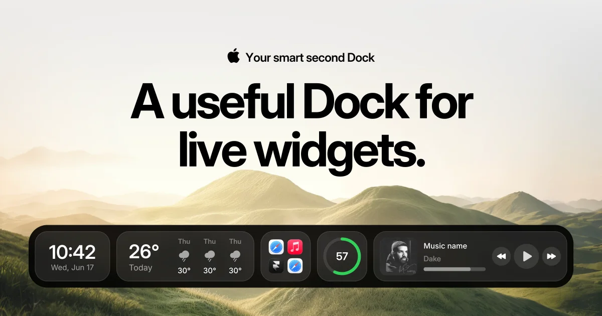 CoolDock live widgets arranged in a second Dock on a Mac desktop