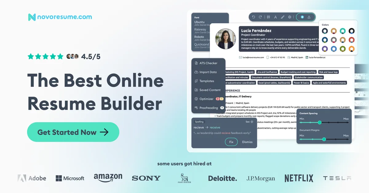 Novorésumé AI-powered online resume builder with a sample resume open in the live editor