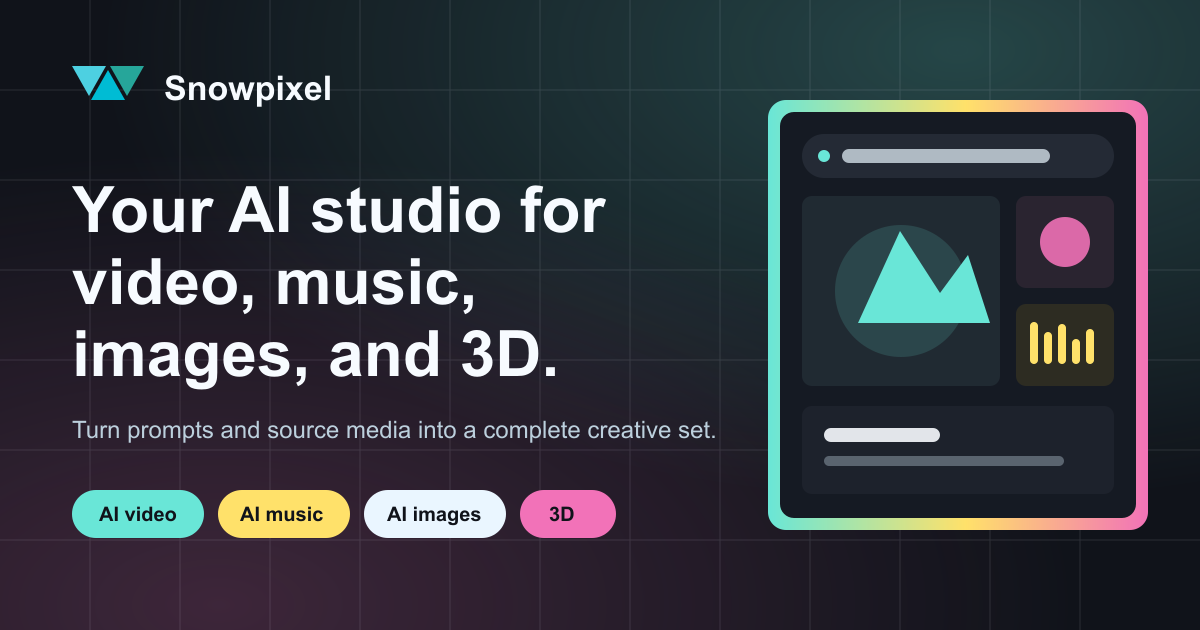 Snowpixel AI media studio with generated video, music, image, and 3D tools.