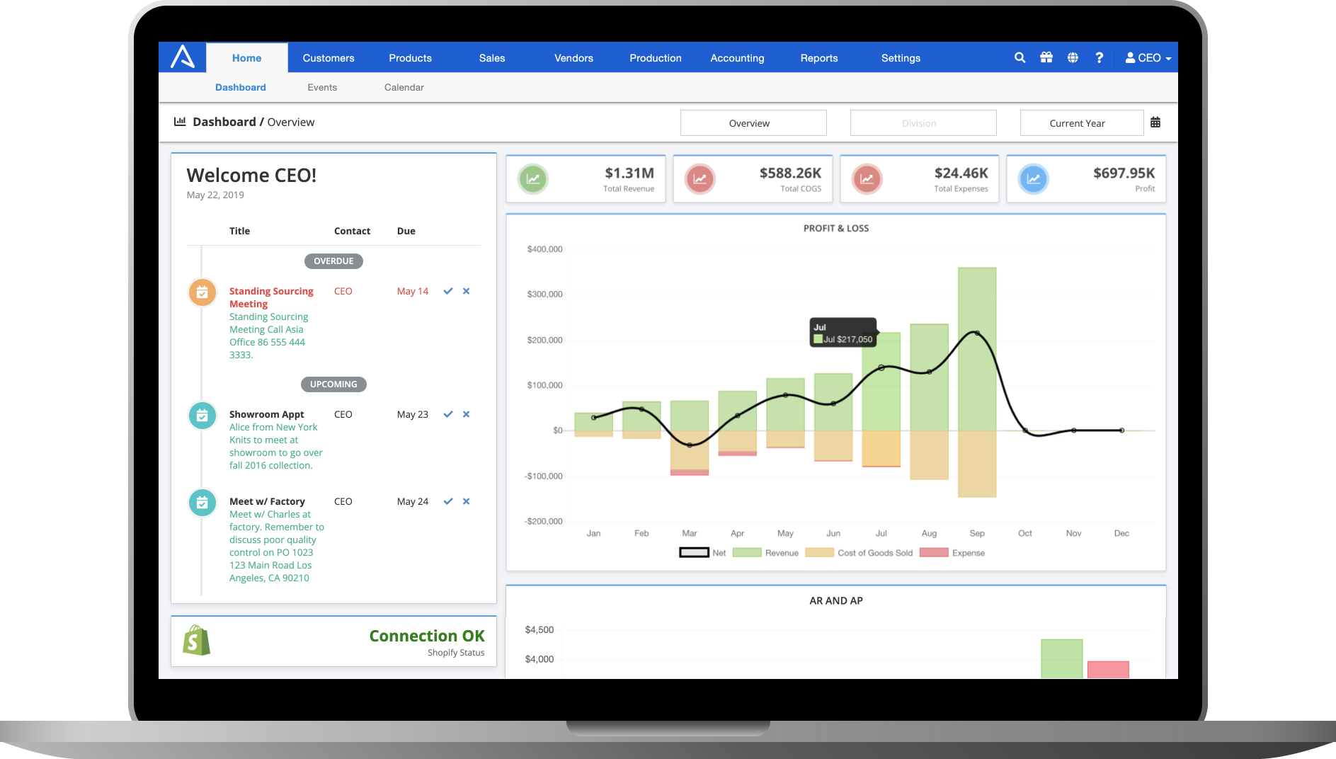ApparelMagic Dashboard Screen
