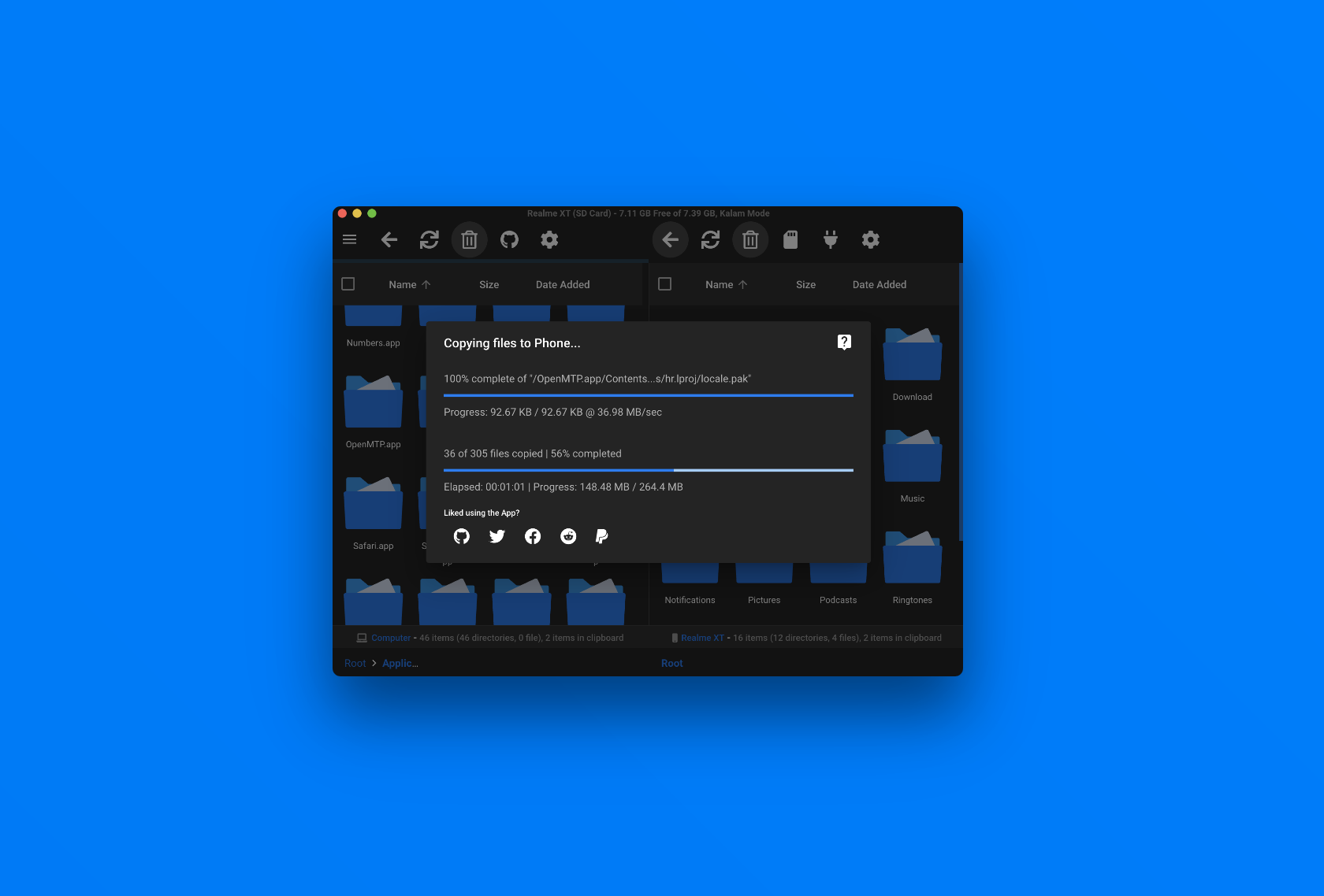 OpenMTP, the Android File Transfer app for macOS, copying files to an Android phone