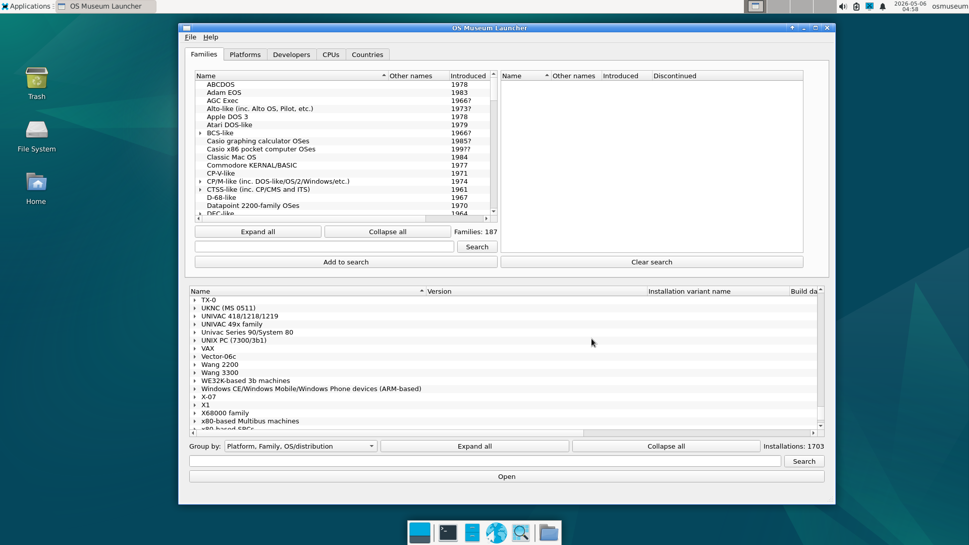 Screenshot of the Virtual OS Museum launcher showing the catalogue of pre-installed operating systems