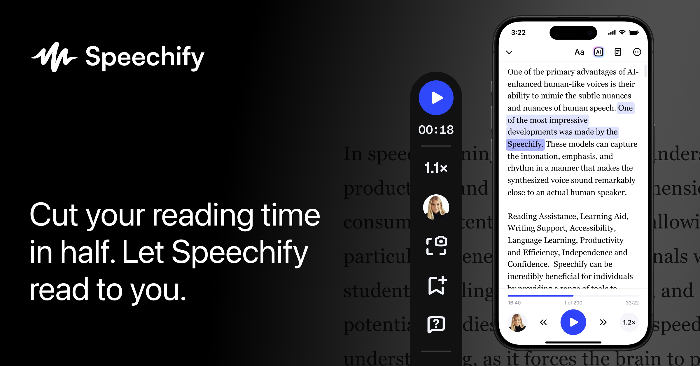 Speechify interface on desktop and mobile showing text being read aloud, with tagline about cutting reading time in half