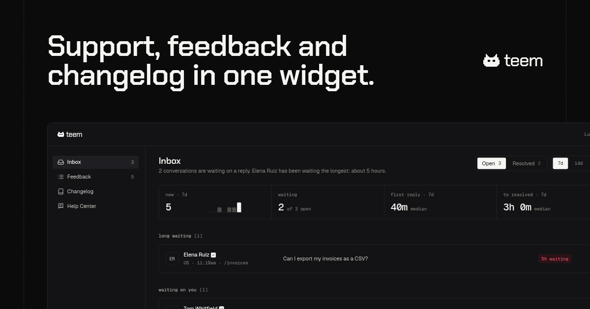 Support, feedback and changelog in one widget, above the teem inbox