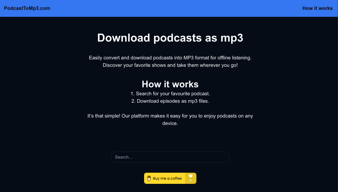 PodcastToMp3 website preview