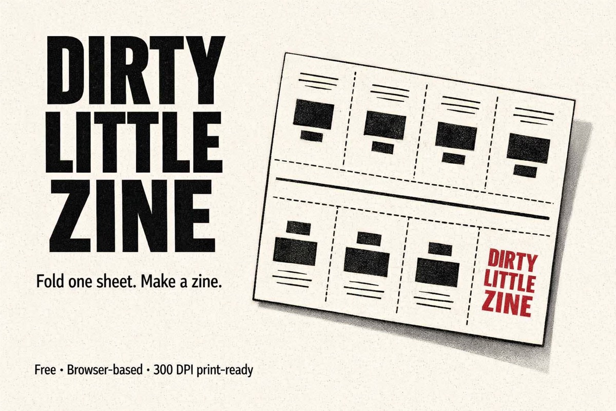 Dirty Little Zine — fold one sheet, make a zine. Illustration of an 8-panel zine layout on paper.