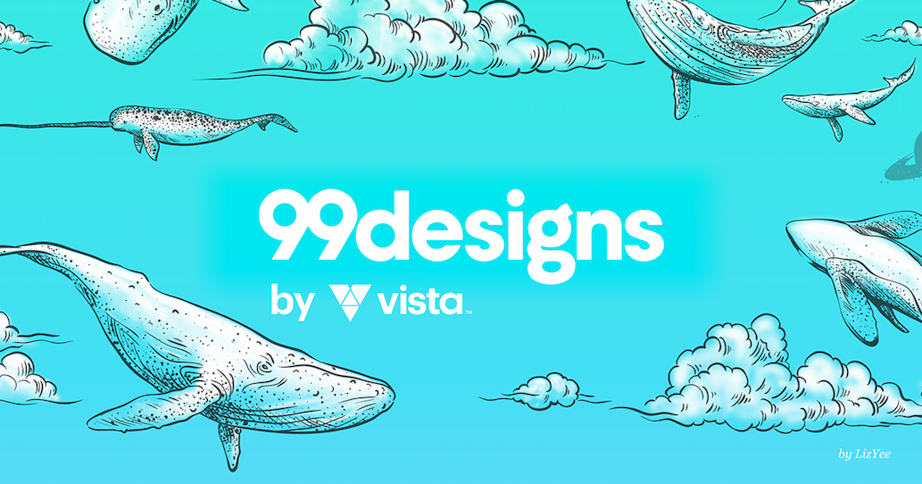 99designs logo with a blue background, surrounded by whales and narwhals