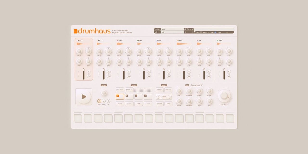 Drumhaus drum machine interface with step sequencer, mixer controls, and waveform visualizers