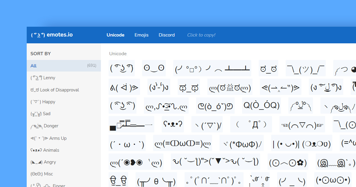 Website preview of the Unicode emotes section
