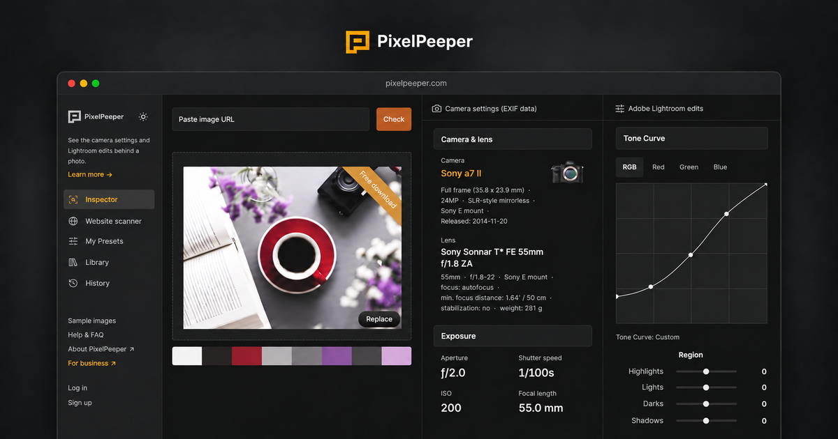 PixelPeeper’s dark photo inspector showing a coffee photograph, camera settings, and the Lightroom tone curve.