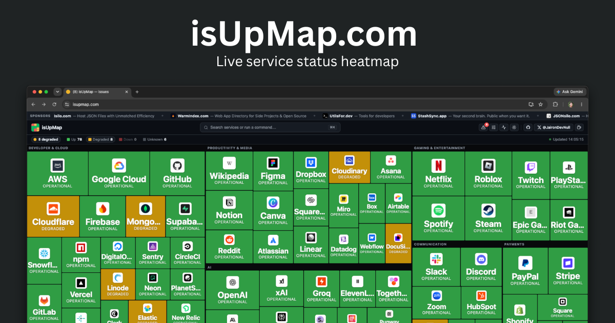 isUpMap live service status heatmap showing AWS, GitHub, OpenAI, Cloudflare and more