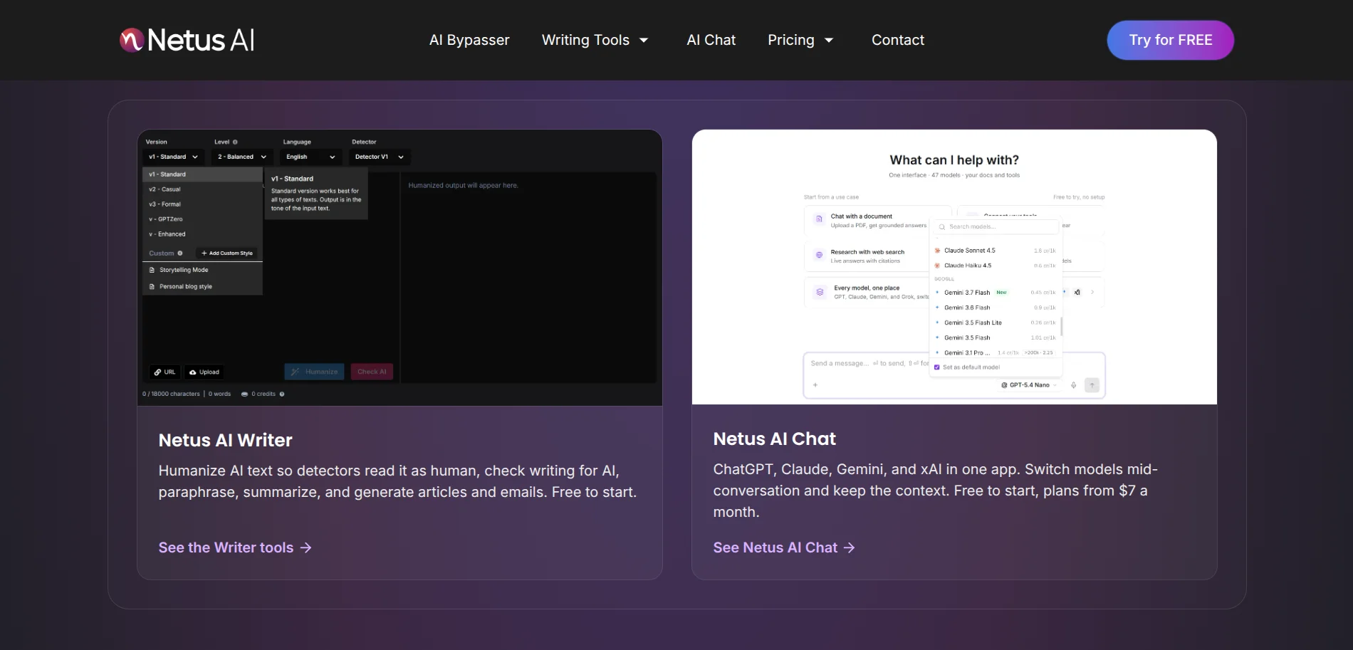 Netus AI home page showing the AI Humanizer, AI Detector, and multi AI chat