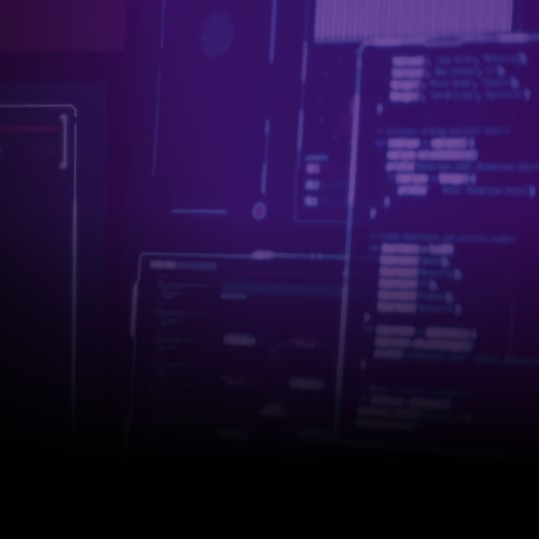 Purple-themed computer code and UI screens