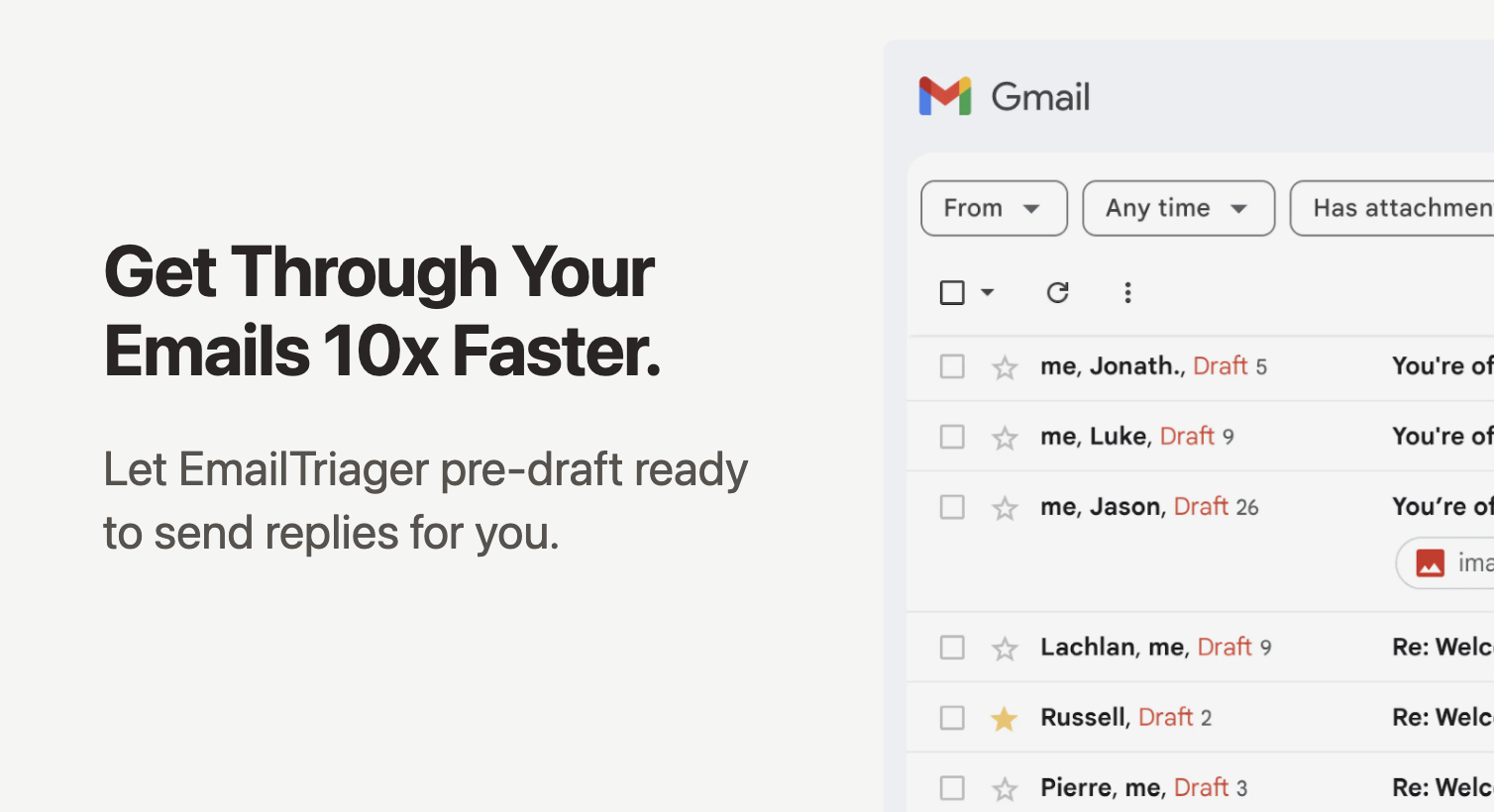 EmailTriager, your email assistant. Wake up to an inbox full of pre-drafted emails.