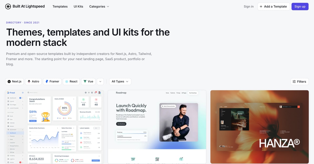 Directory of open source and premium themes, templates, starters & UI kits for the modern stack.