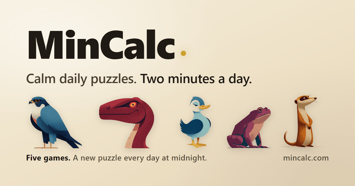 Calm daily puzzle games · MinCalc · Twitter