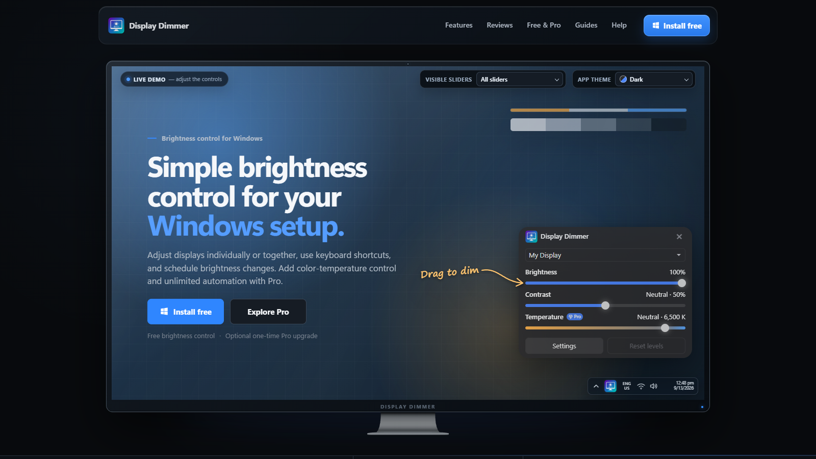 Display Dimmer homepage with interactive Windows brightness, contrast, and color-temperature controls