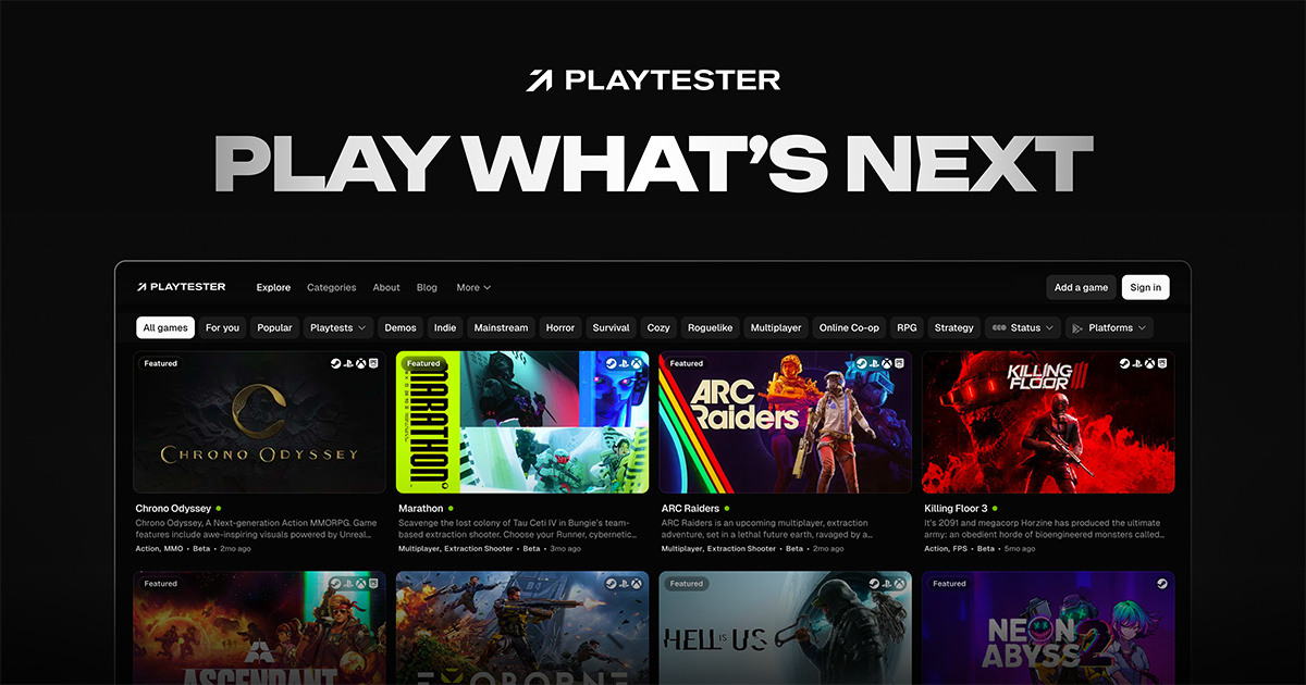 Playtester homepage displaying a catalog of upcoming games with filtering and browsing options.