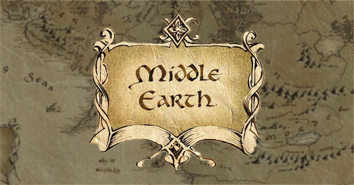 Map of Middle-earth on aged parchment, showing the Shire, Rohan, Gondor and Mordor