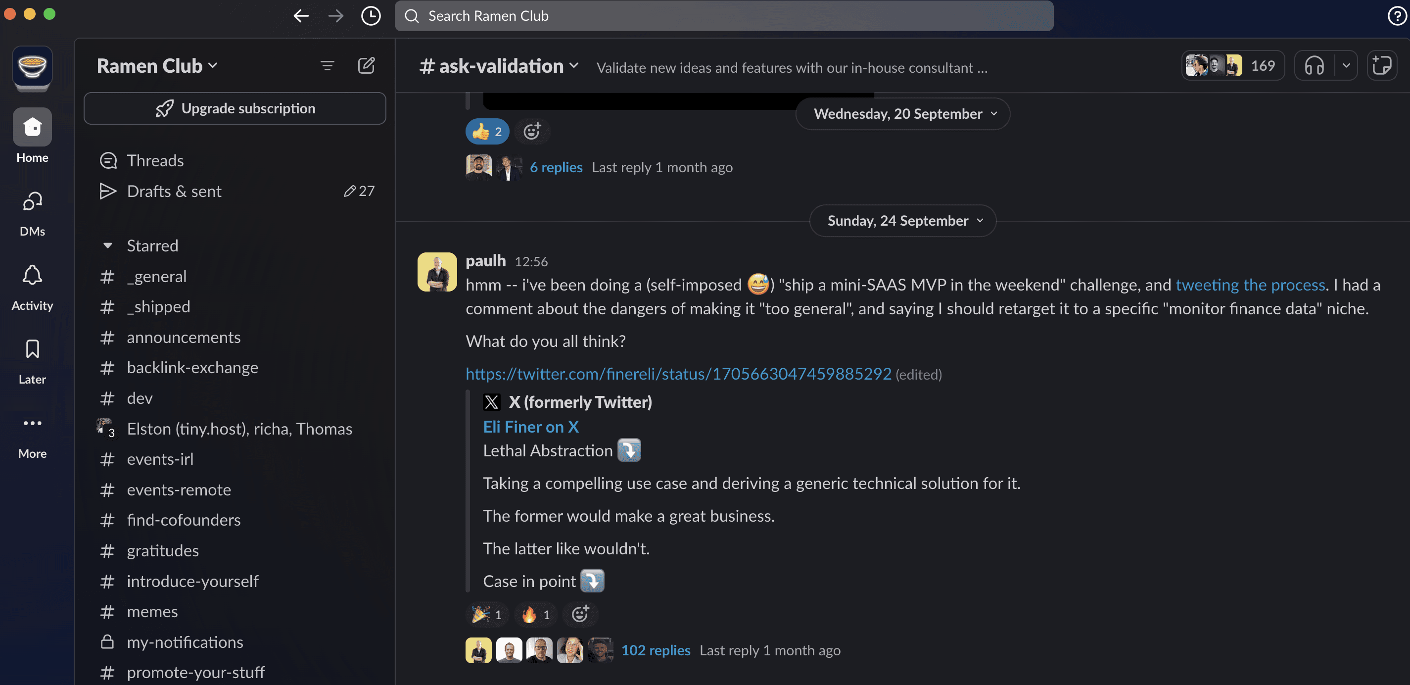 Ramen Club founder community discussion in Slack