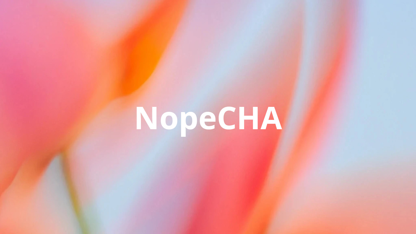 Abstract art featuring a pink and orange watercolor on a light blue canvas, overlaid with the white NopeCHA logo.