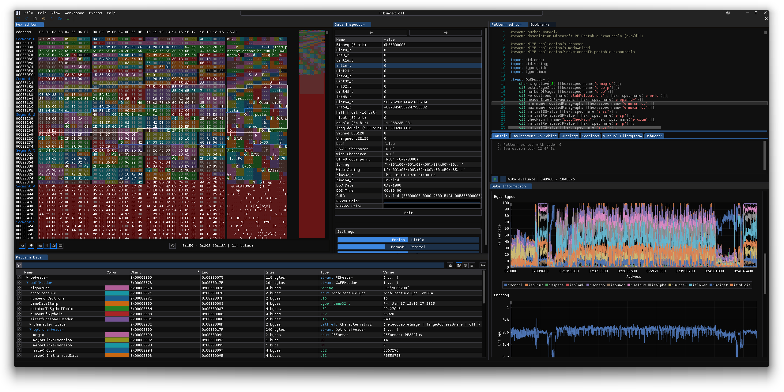ImHex displaying and analyzing a binary file
