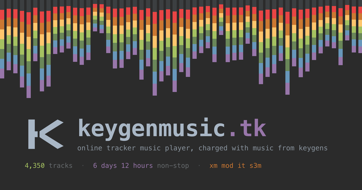 keygenmusic.tk - a Darcula-coloured spectrum analyser above the site logo and wordmark