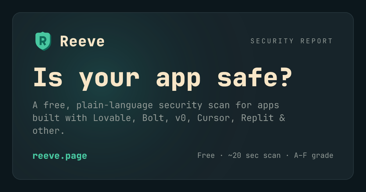 Reeve: a free, plain-language security scan for AI-built apps, with an A–F grade