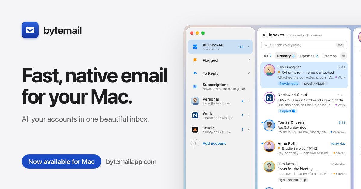 bytemail — fast, native email for your Mac. The app's unified inbox next to the headline.