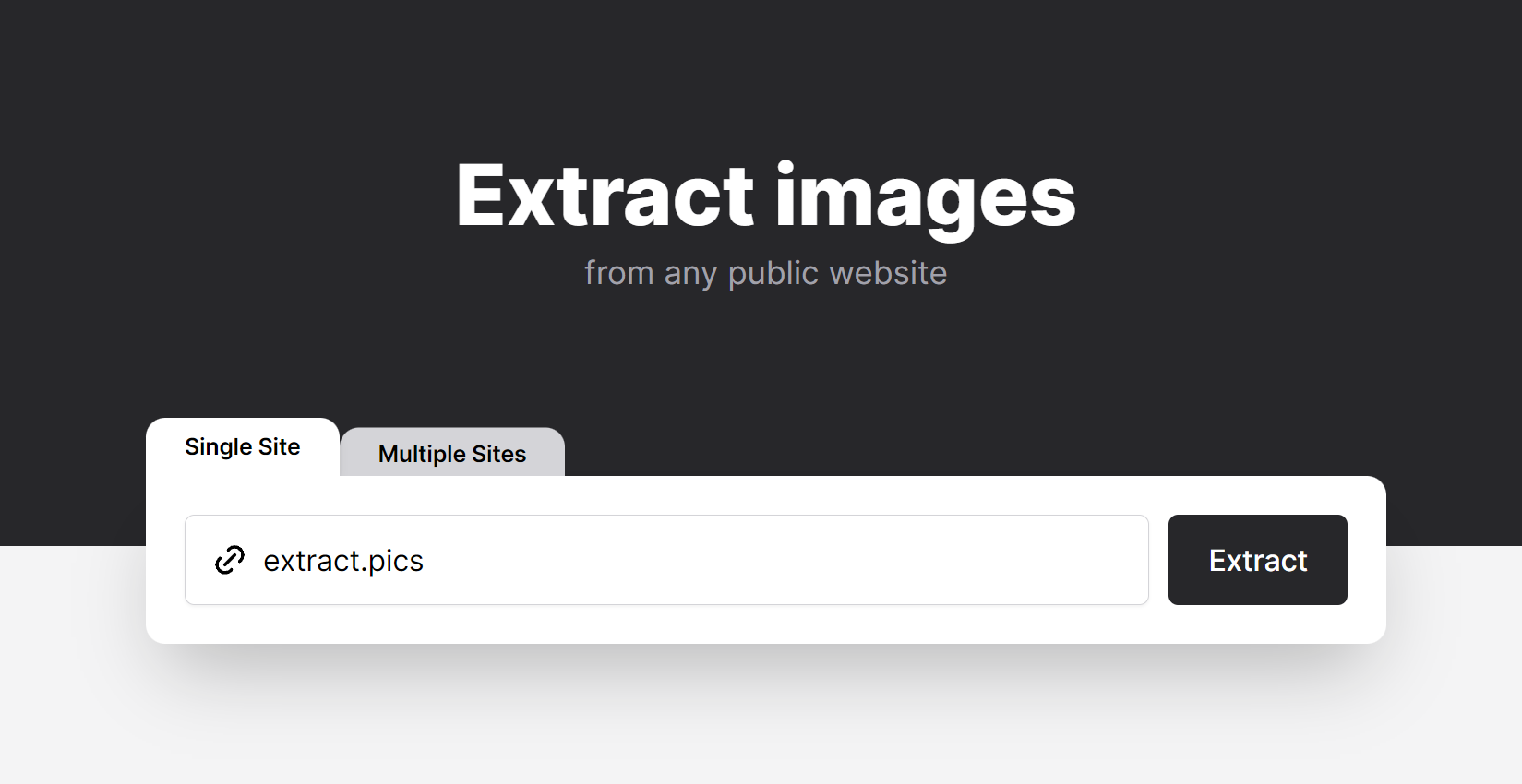Preview for extract.pics showing the title and subtitle, an URL input and a submit button.
