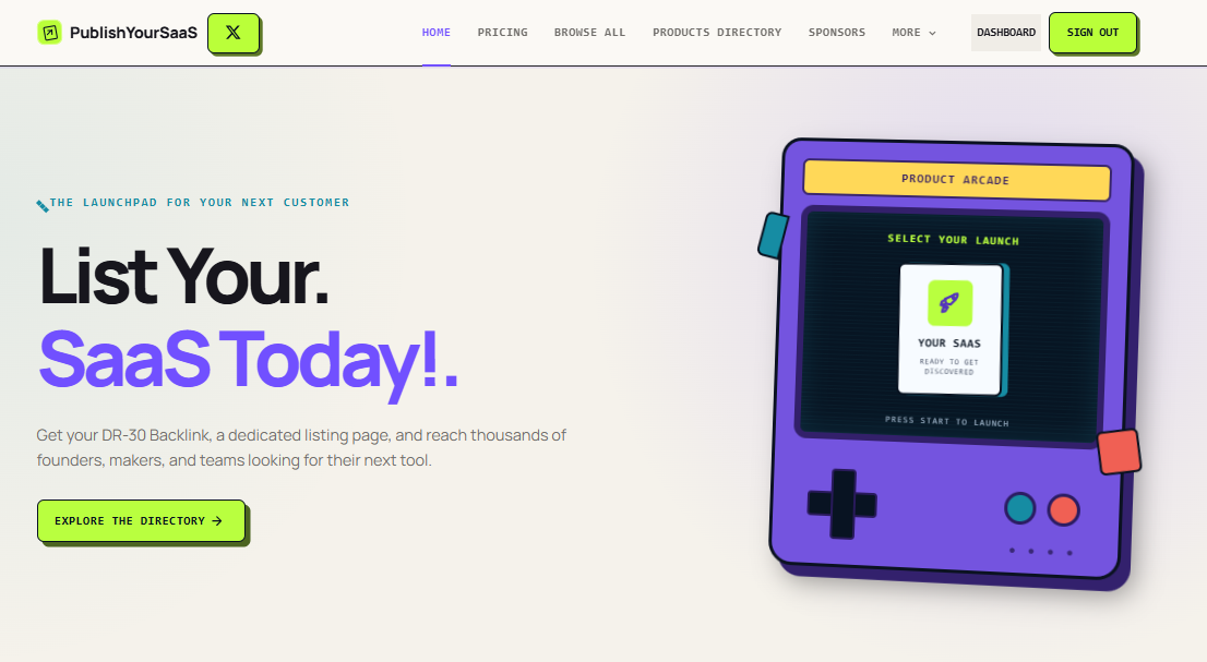 PublishYourSaaS homepage — List Your SaaS Today