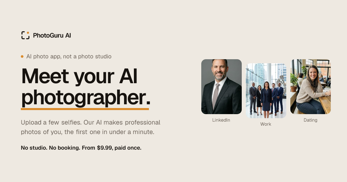 PhotoGuru AI: meet your AI photographer. Upload a few selfies and get professional photos of you, the first one in under a minute.