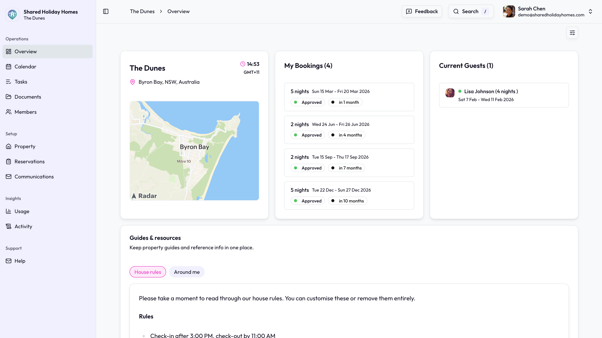 Shared Holiday Homes dashboard showing a holiday home overview with upcoming stays
