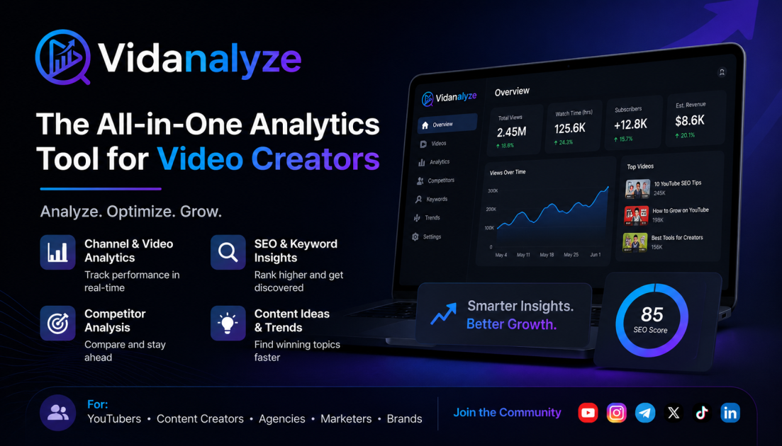 Vidanalyze — YouTube Analytics, AI SEO Tools & Revenue Estimation